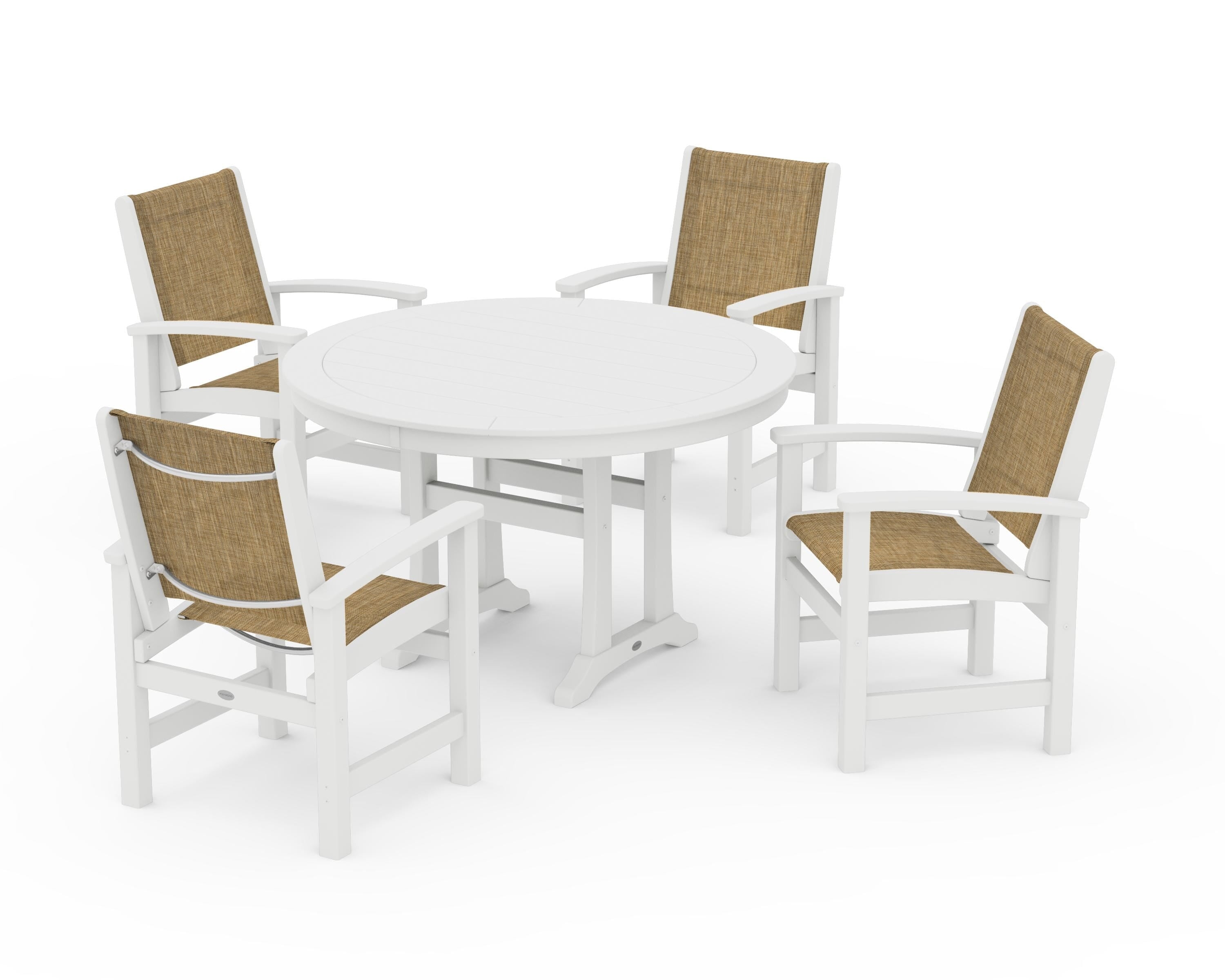 POLYWOOD® Coastal 5-Piece Round Dining Set with Trestle Legs in White / Burlap Sling