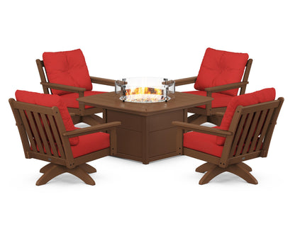 POLYWOOD® Vineyard 5-Piece Deep Seating Swivel Conversation Set with Fire Pit Table in Teak / Crimson Linen