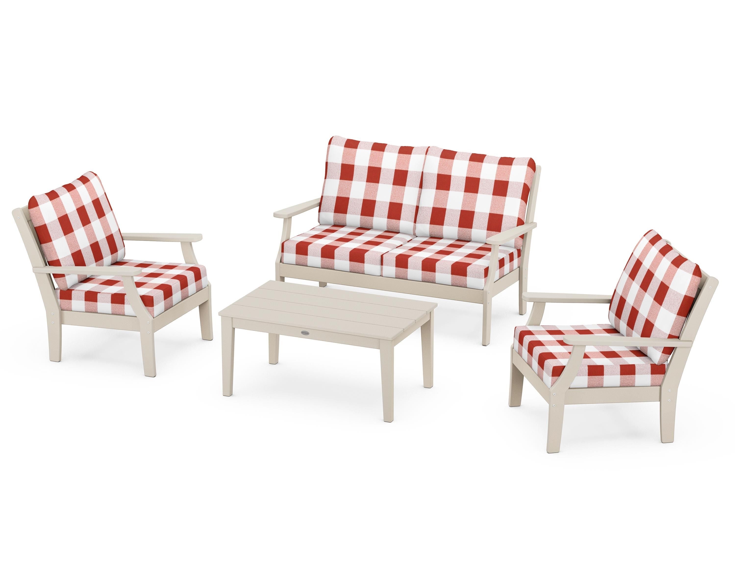 POLYWOOD® Braxton 4-Piece Deep Seating Chair Set in Sand / Buffalo Plaid Crimson