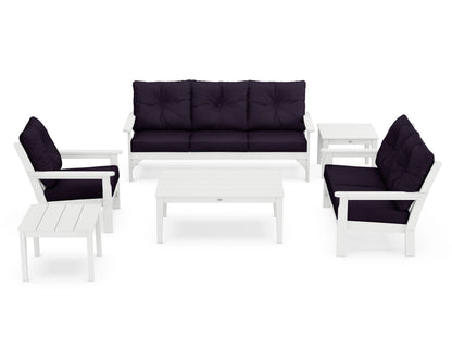 POLYWOOD® Vineyard 6-Piece Deep Seating Set in White / Navy Linen