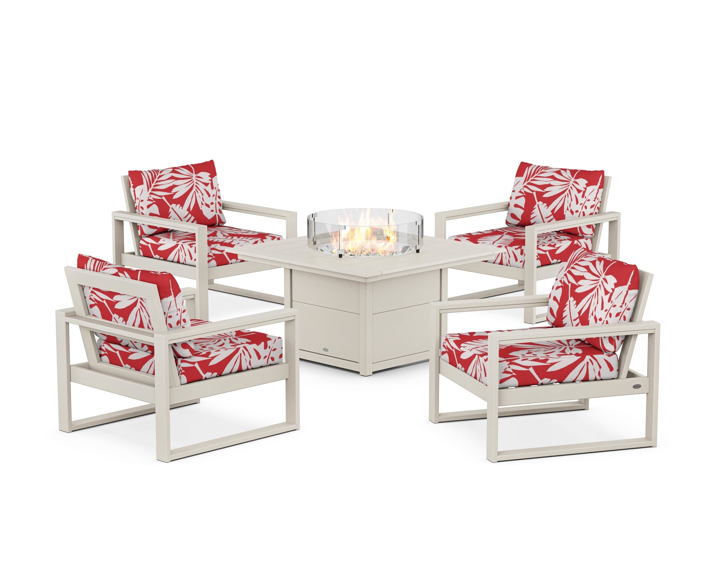 POLYWOOD® EDGE Sectional 5-Piece Deep Seating Set with Fire Pit Table in Sand / Leaf Crimson