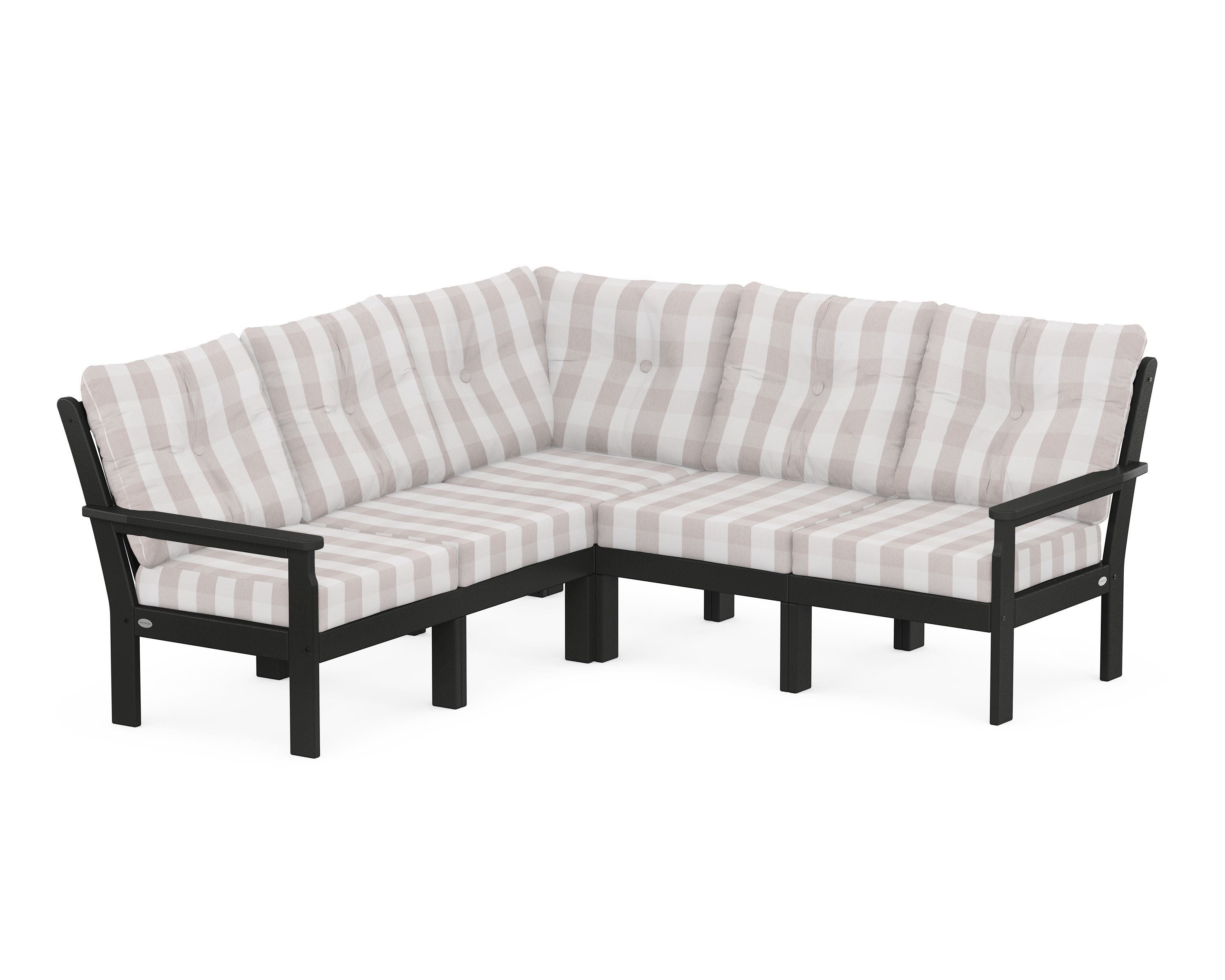 POLYWOOD® Vineyard 5-Piece Sectional in Black / Buffalo Plaid Dune Burlap