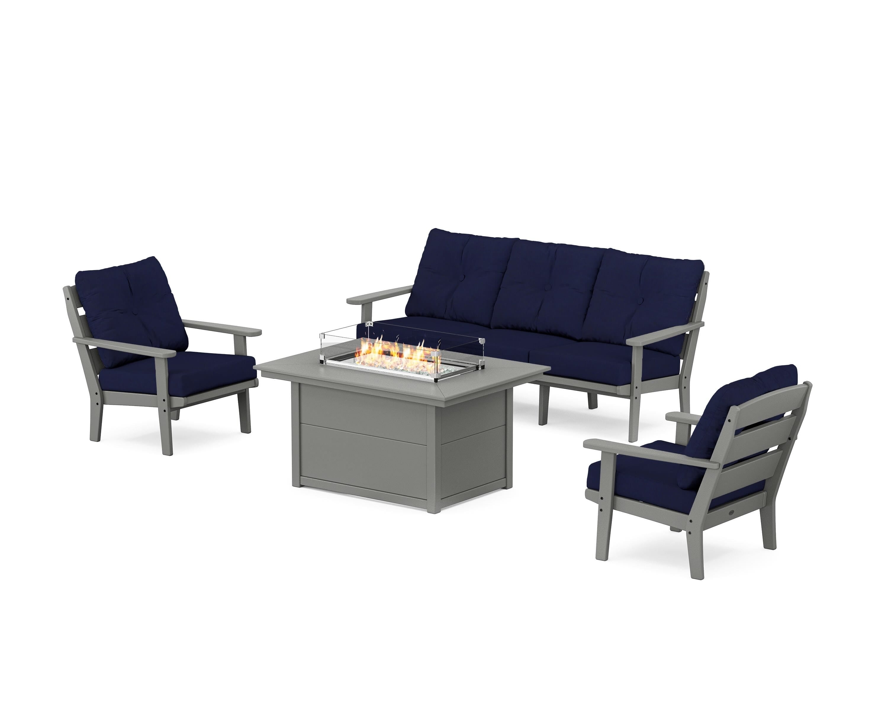 POLYWOOD® Lakeside Deep Seating Fire Pit Table Set in Slate Grey / Navy