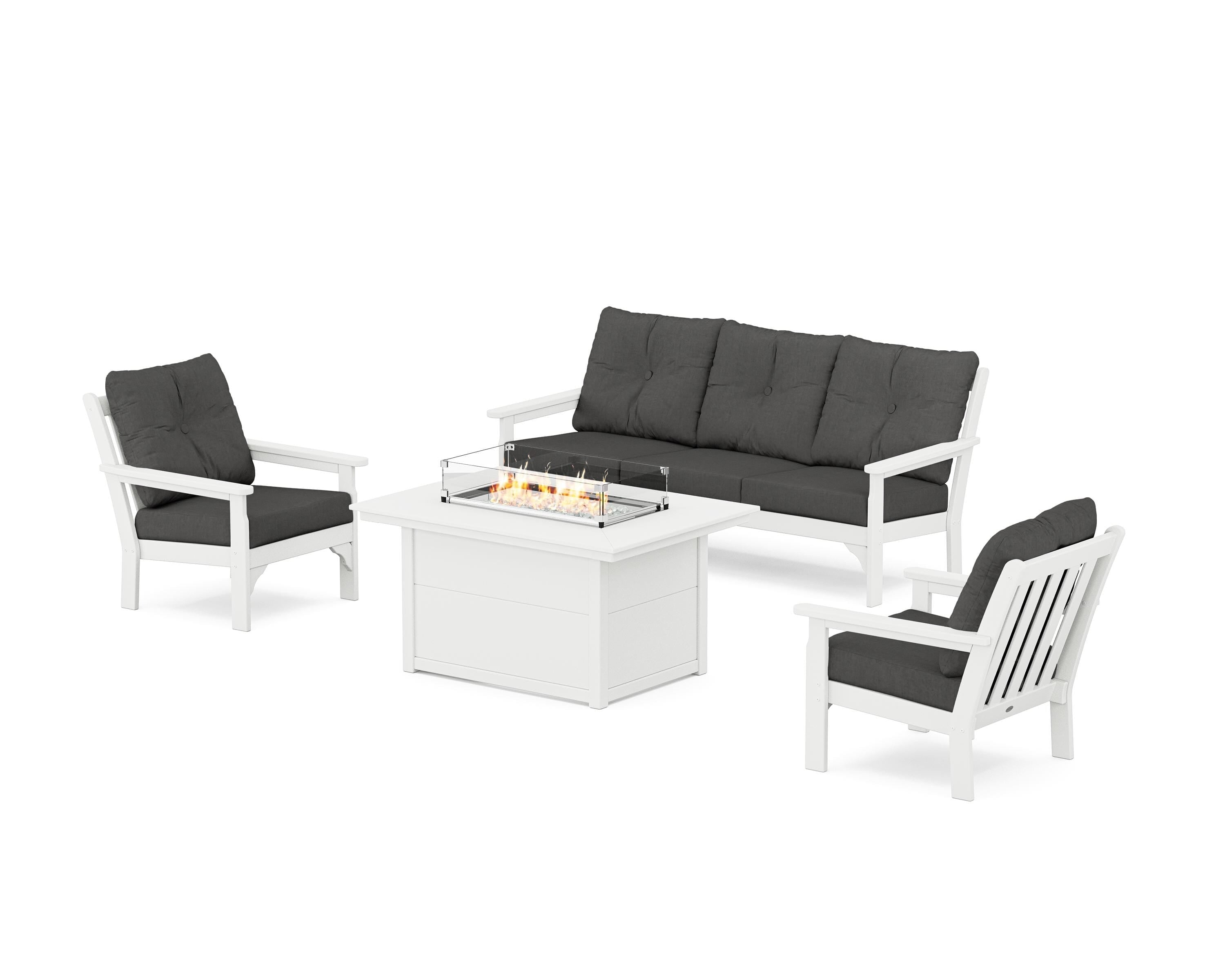POLYWOOD® Vineyard Deep Seating Fire Pit Table Set in White / Spectrum Carbon