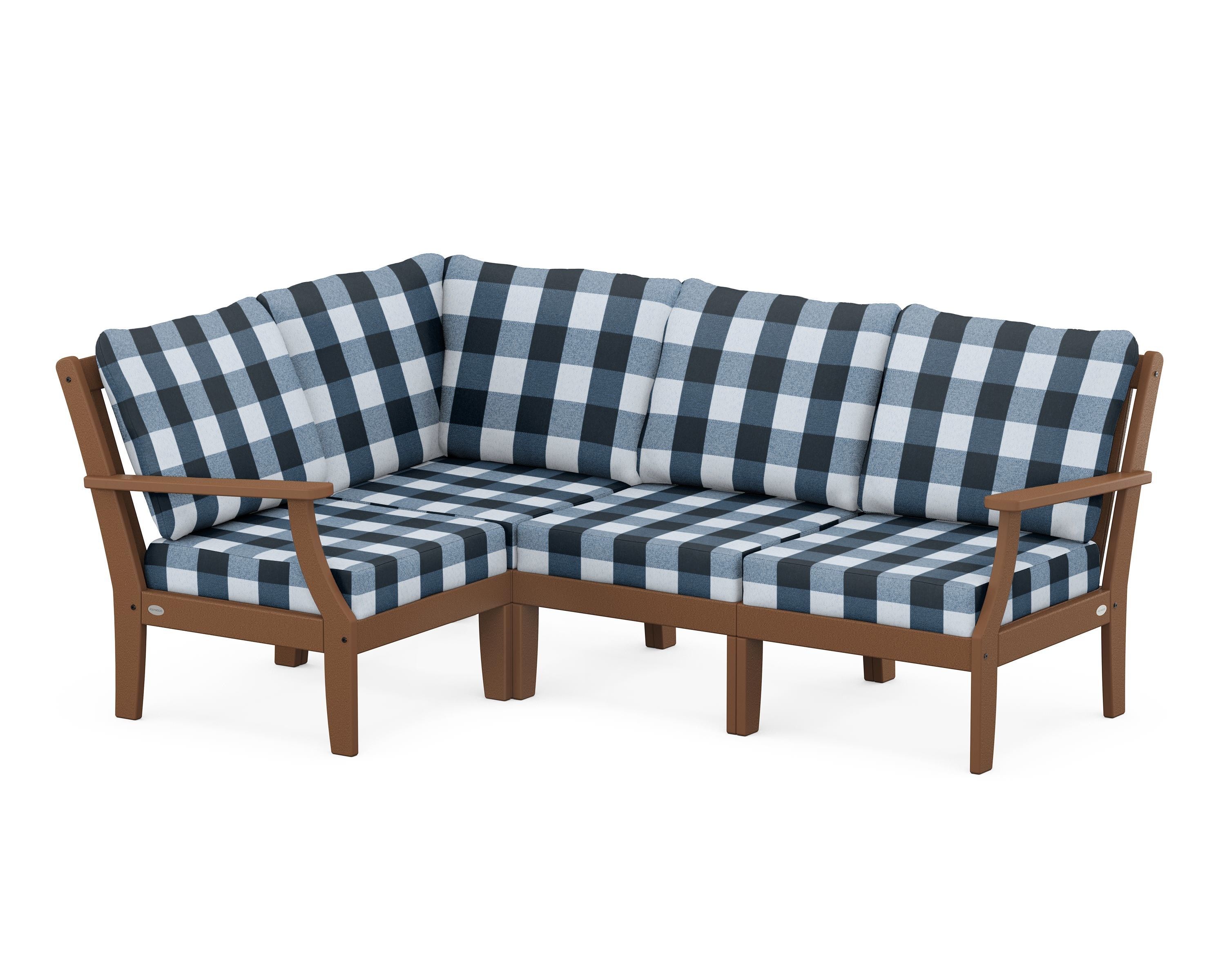 POLYWOOD® Braxton Modular 4-Piece Deep Seating Set in Teak / Buffalo Plaid Marine Indigo