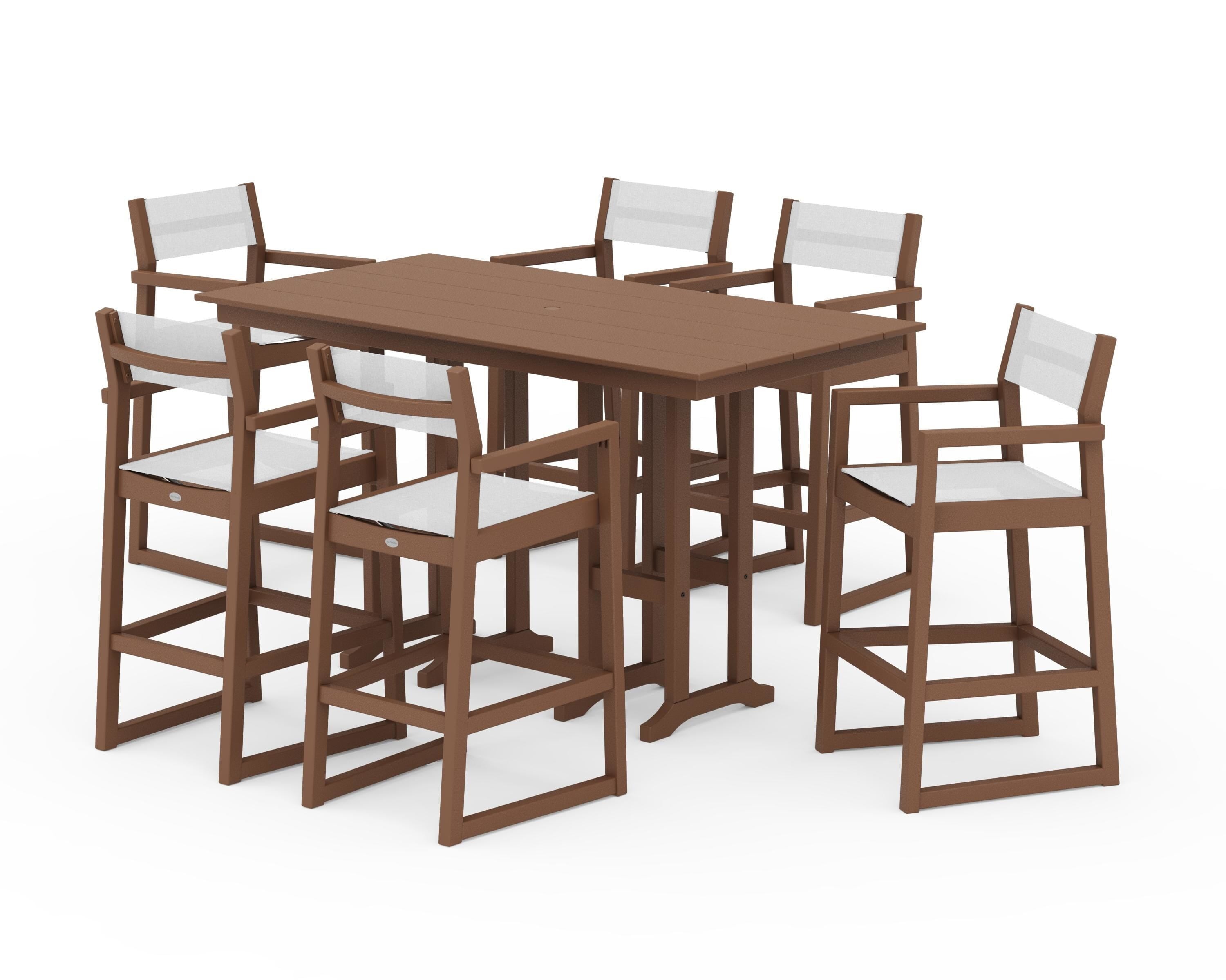 POLYWOOD® EDGE Sling Arm Chair 7-Piece Farmhouse Bar Set in Teak / White Sling