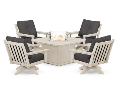 POLYWOOD® Vineyard 5-Piece Deep Seating Swivel Conversation Set with Fire Pit Table in Sand / Ash Charcoal