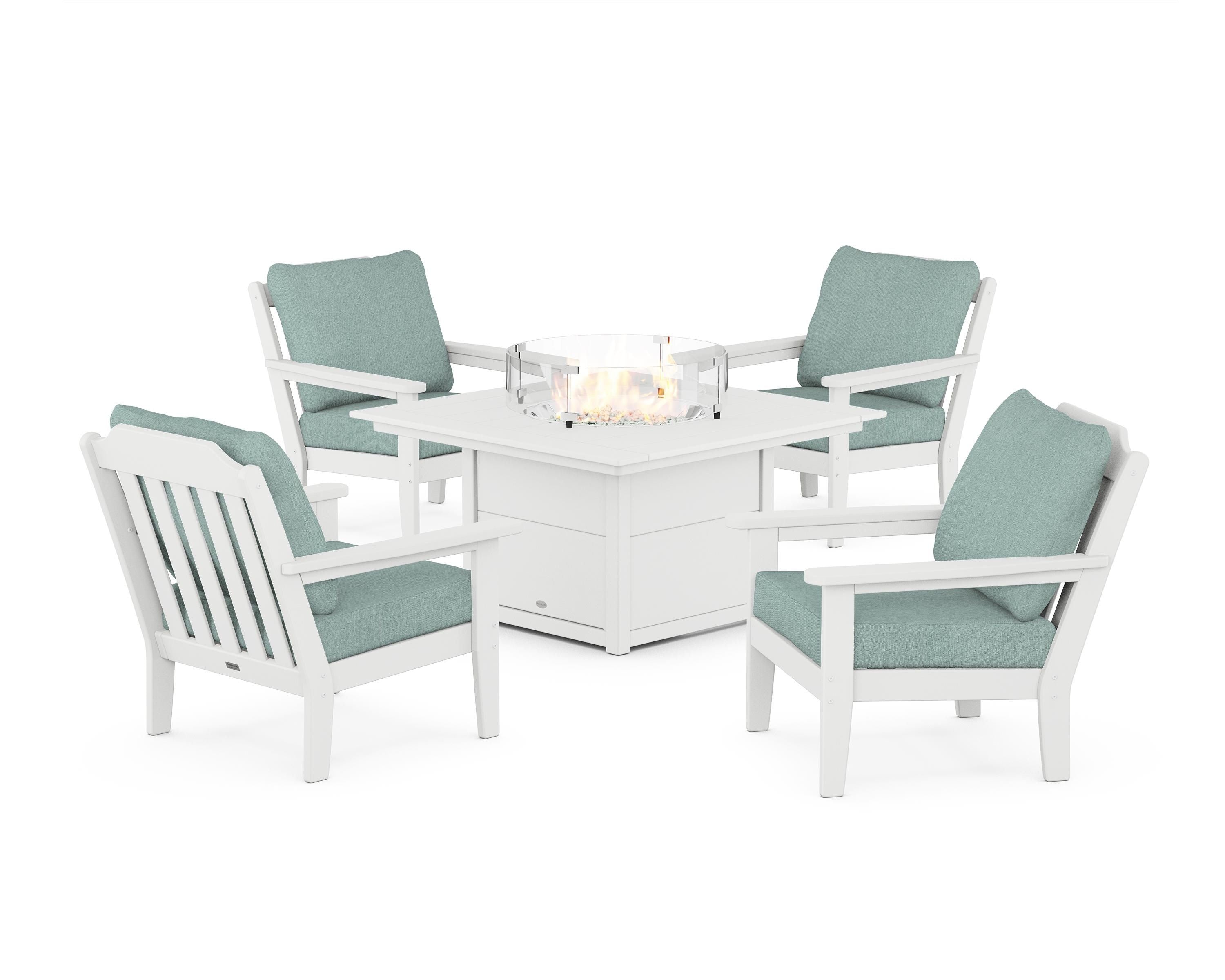 Country Living Cottage 5-Piece Deep Seating Set with Fire Pit Table in White / Glacier Spa