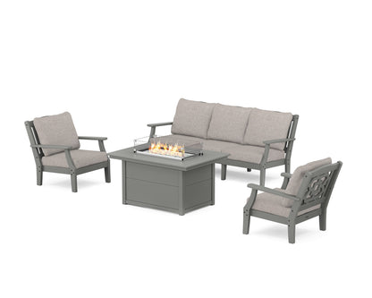 Martha Stewart by POLYWOOD® Chinoiserie Deep Seating Fire Pit Table Set in Slate Grey / Weathered Tweed