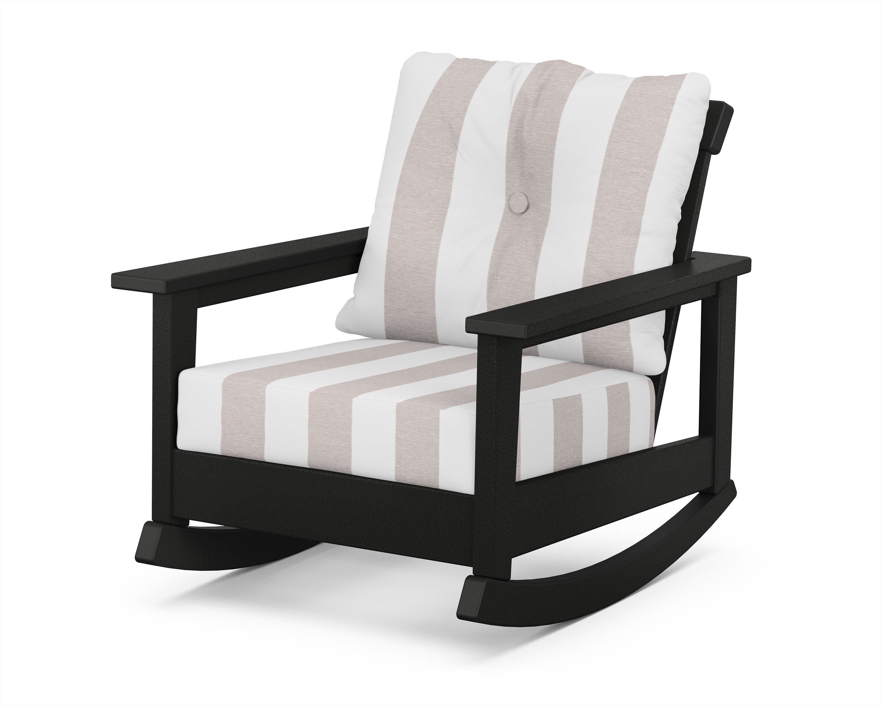 POLYWOOD® Prescott Deep Seating Rocking Chair in Black / Cabana Stripe Dune Burlap