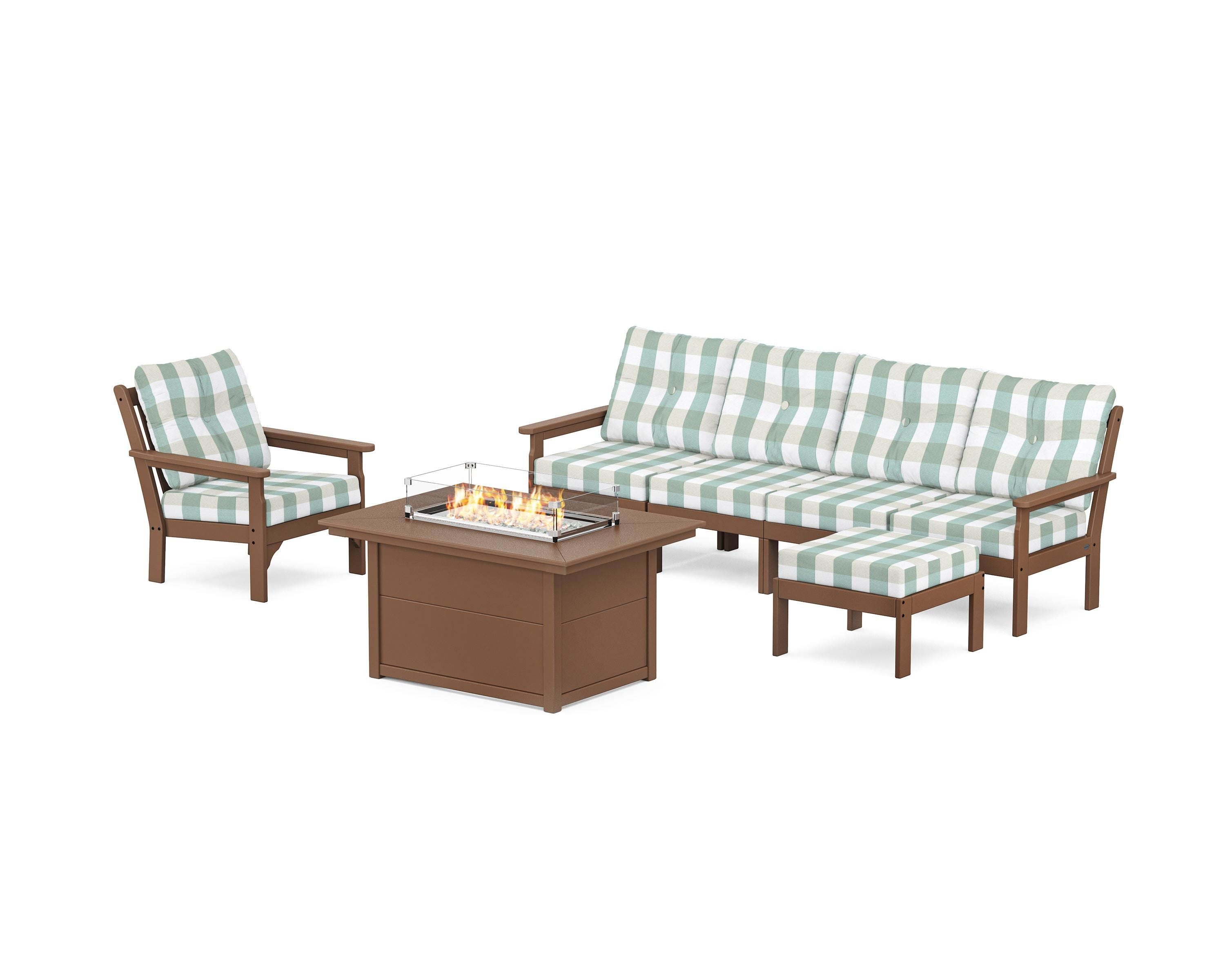 POLYWOOD® Vineyard Sectional Lounge and Fire Pit Set in Teak / Buffalo Plaid Glacier Spa