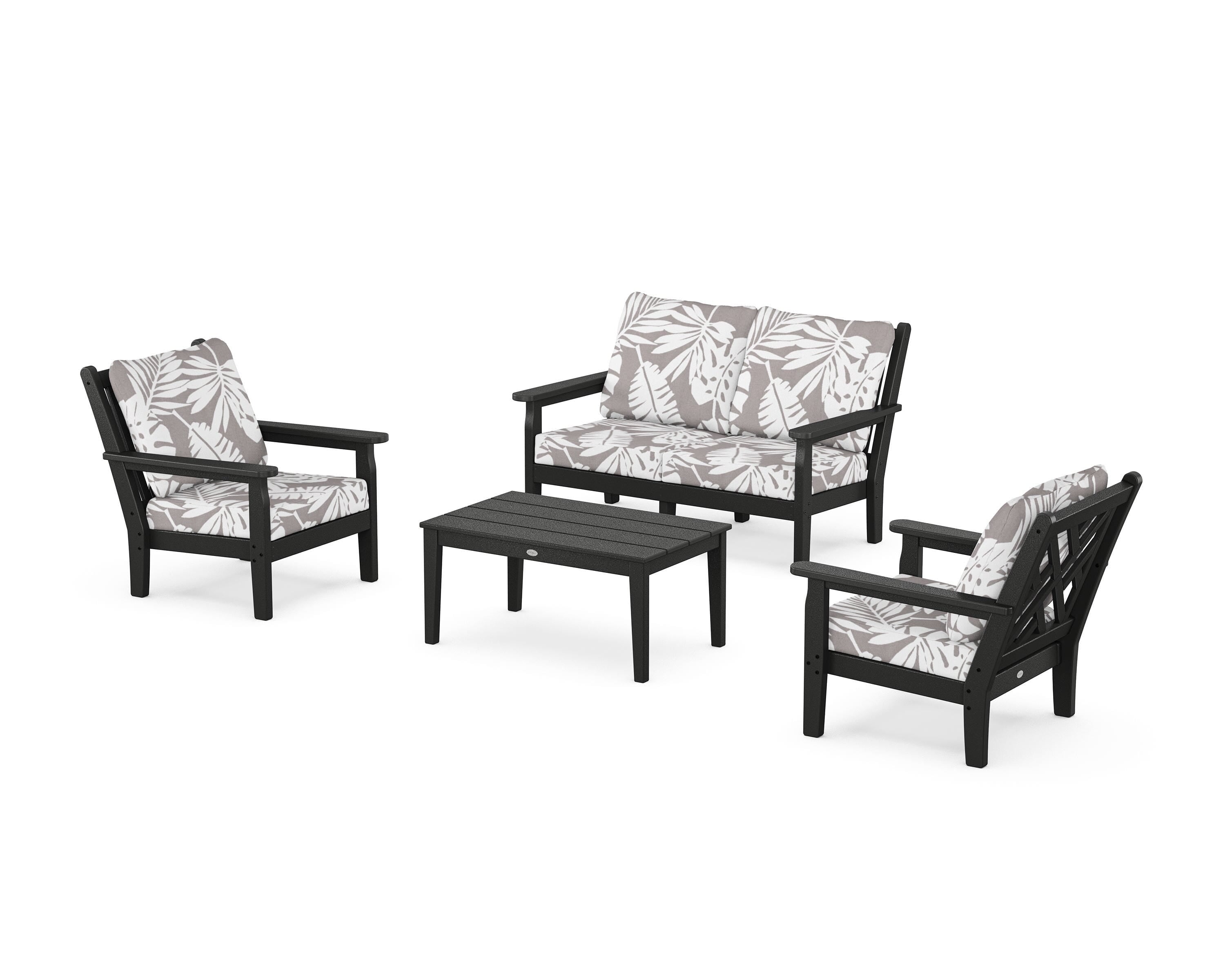 POLYWOOD® Chippendale 4-Piece Deep Seating Set with Loveseat in Black / Leaf Grey Mist