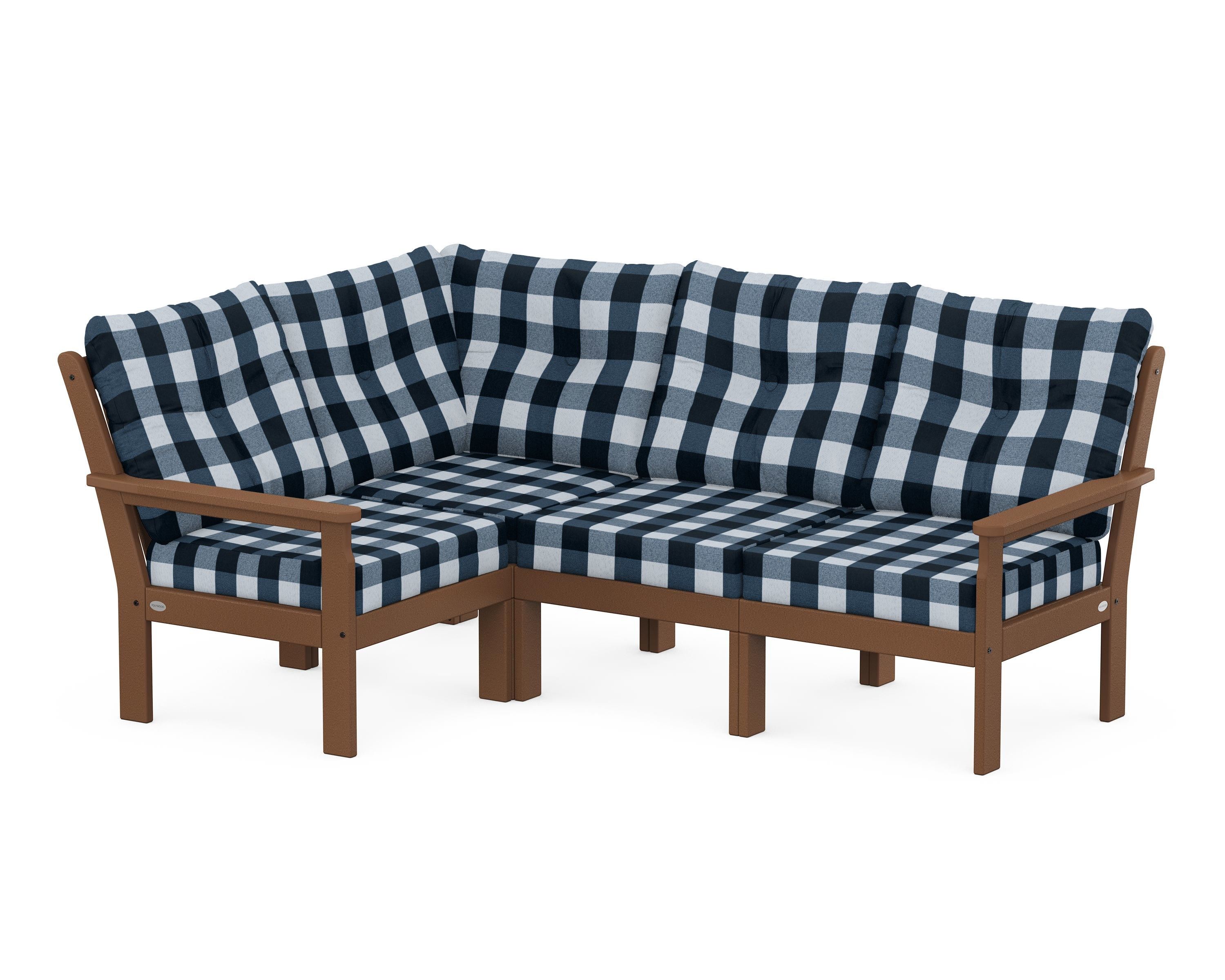 POLYWOOD® Vineyard 4-Piece Sectional in Teak / Buffalo Plaid Marine Indigo
