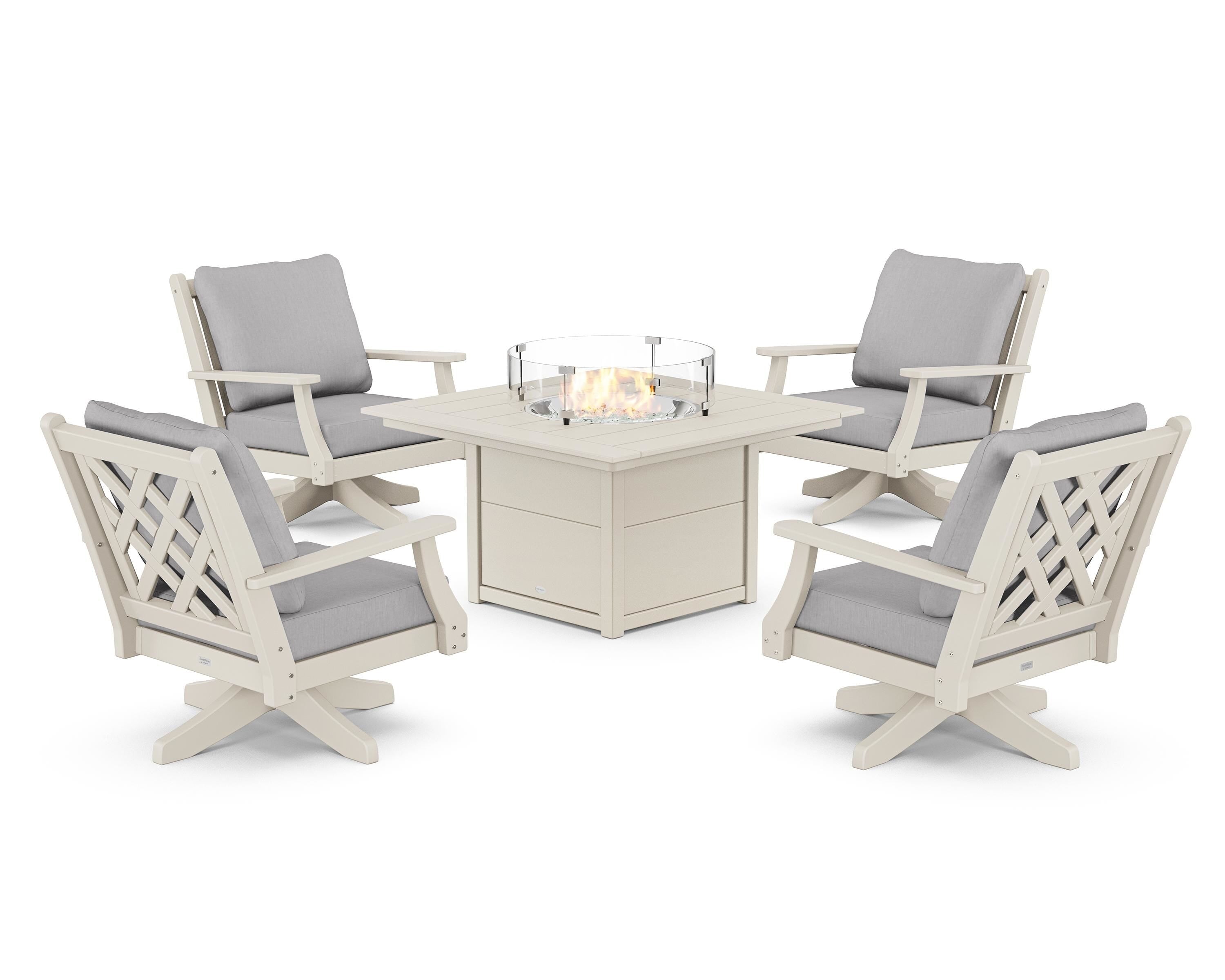Country Living Wovendale 5-Piece Deep Seating Swivel Conversation Set with Fire Pit Table in Sand / Granite