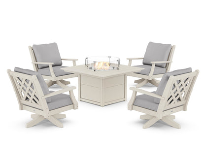 Country Living Wovendale 5-Piece Deep Seating Swivel Conversation Set with Fire Pit Table in Sand / Granite