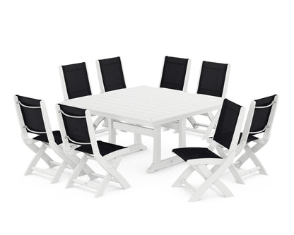 POLYWOOD® Coastal Folding Side Chair 9-Piece Dining Set with Trestle Legs in White / Black Sling