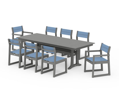 POLYWOOD® EDGE Sling 9-Piece Farmhouse Trestle Dining Set in Slate Grey / Poolside Sling