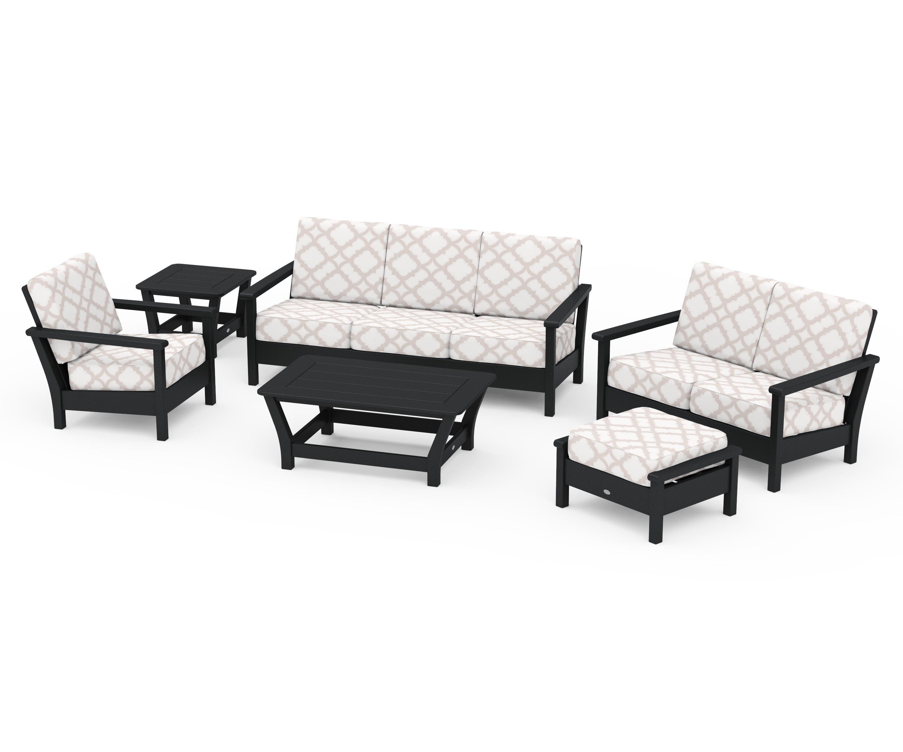 POLYWOOD® Harbour 6-Piece Outdoor Living Set in Black / Trellis Dune Burlap