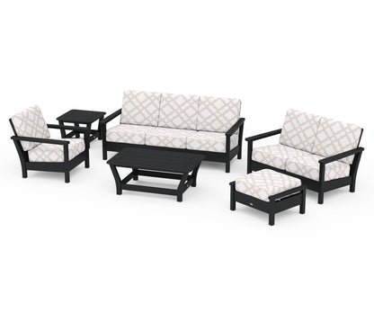 POLYWOOD® Harbour 6-Piece Outdoor Living Set in Black / Trellis Dune Burlap