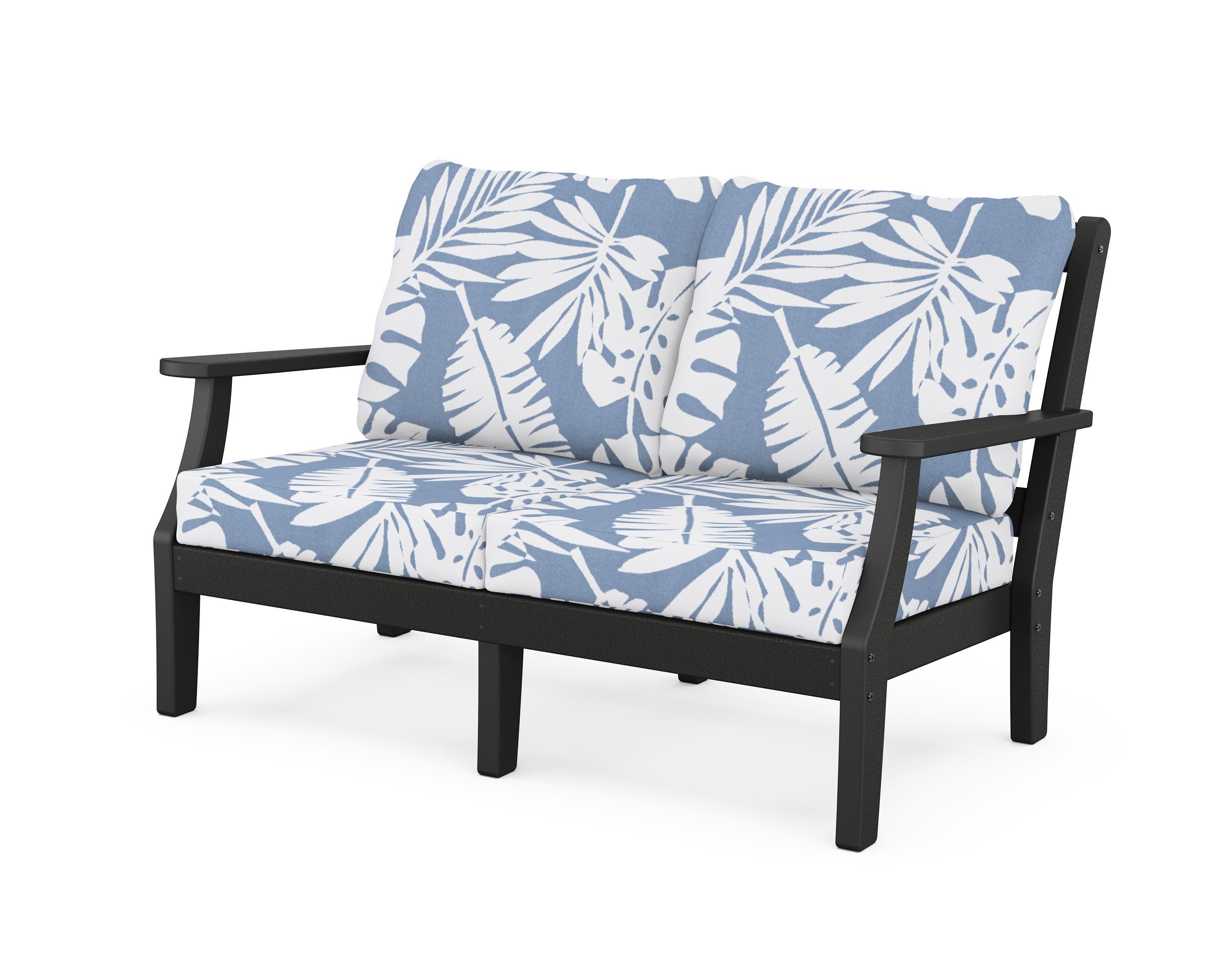 Martha Stewart by POLYWOOD® Chinoiserie Deep Seating Loveseat in Black / Leaf Sky Blue