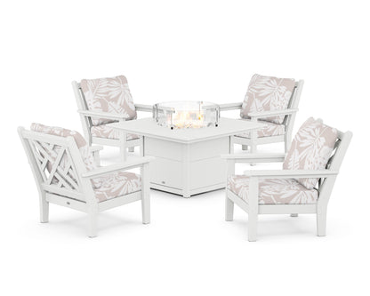 POLYWOOD® Chippendale 5-Piece Deep Seating Set with Fire Pit Table in White / Leaf Dune Burlap