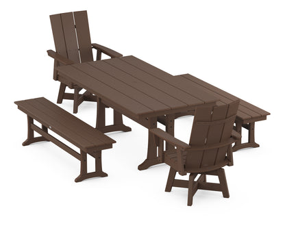 POLYWOOD® Modern Curveback Adirondack Swivel Chair 5-Piece Farmhouse Dining Set With Trestle Legs and Benches in Mahogany