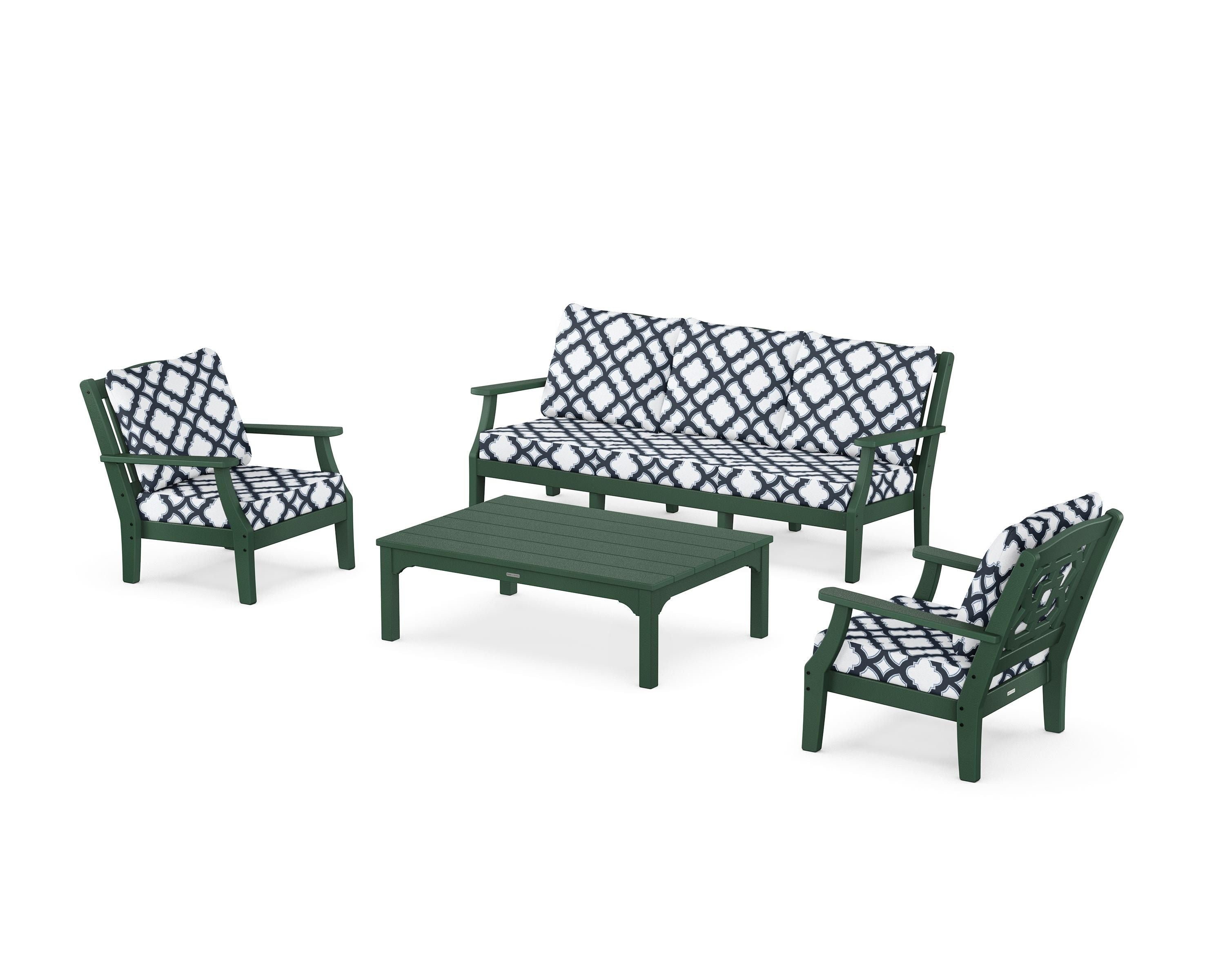 Martha Stewart by POLYWOOD® Chinoiserie 4-Piece Deep Seating Set with Sofa in Green / Trellis Marine Indigo