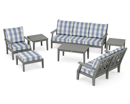 Country Living Wovendale 7-Piece Deep Seating Set in Slate Grey / Buffalo Plaid Sky Blue