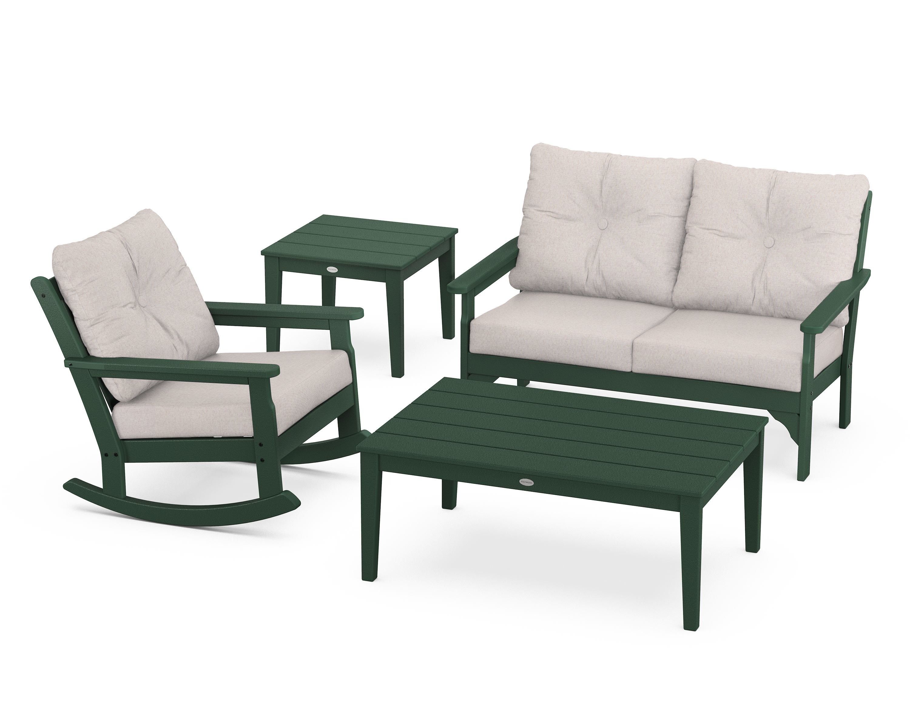 POLYWOOD® Vineyard 4-Piece Deep Seating Rocker Set in Green / Dune Burlap