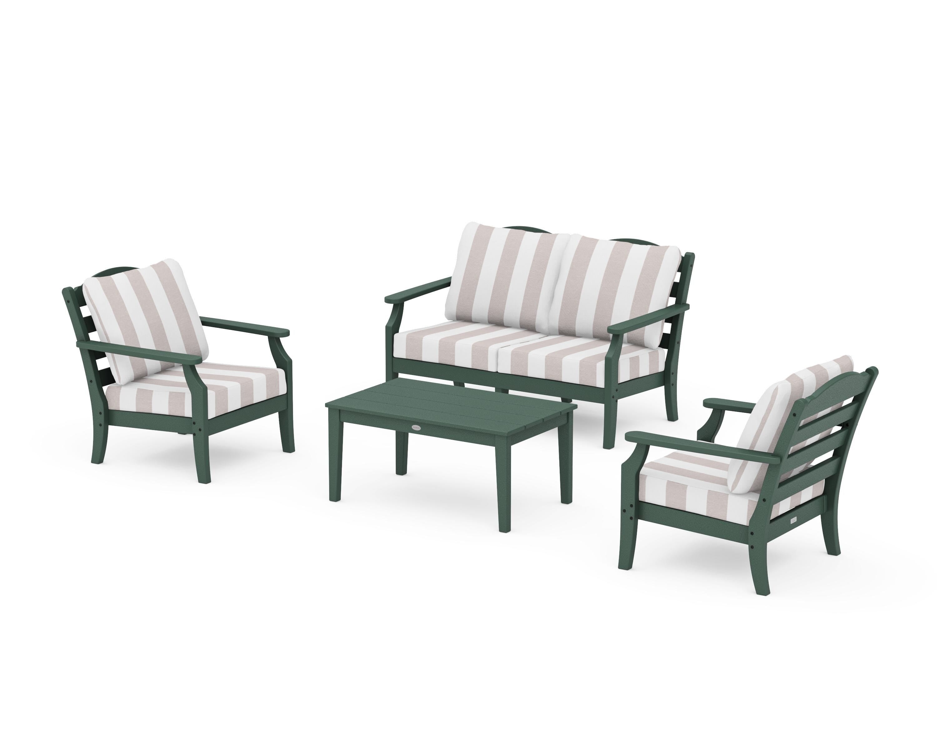 Draper James™ by  POLYWOOD® Savannah 4-Piece Deep Seating Set with Loveseat in Green / Cabana Stripe Dune Burlap