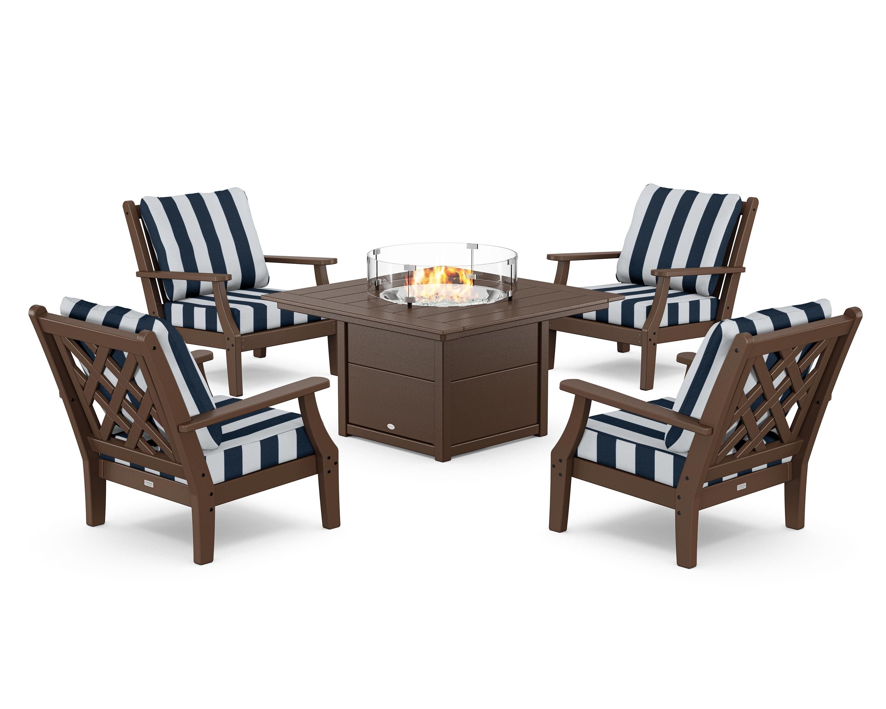 Country Living Wovendale 5-Piece Deep Seating Set with Fire Pit Table in Mahogany / Cabana Stripe Marine Indigo