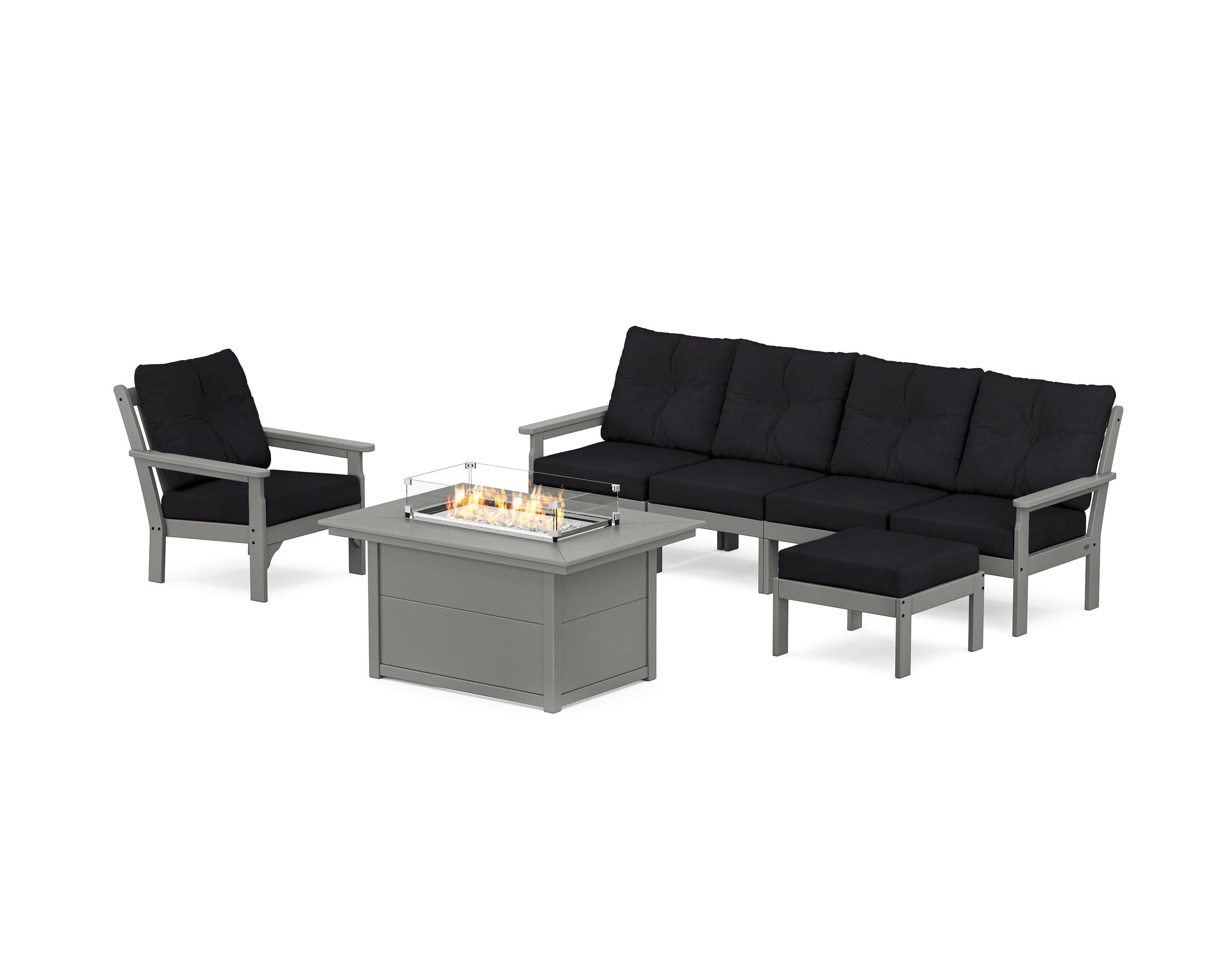 POLYWOOD® Vineyard Sectional Lounge and Fire Pit Set in Slate Grey / Midnight Linen
