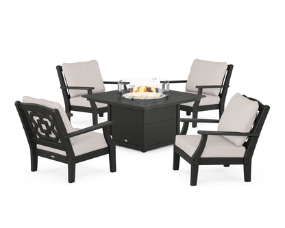 Martha Stewart by POLYWOOD® Chinoiserie 5-Piece Deep Seating Set with Fire Pit Table in Black / Dune Burlap