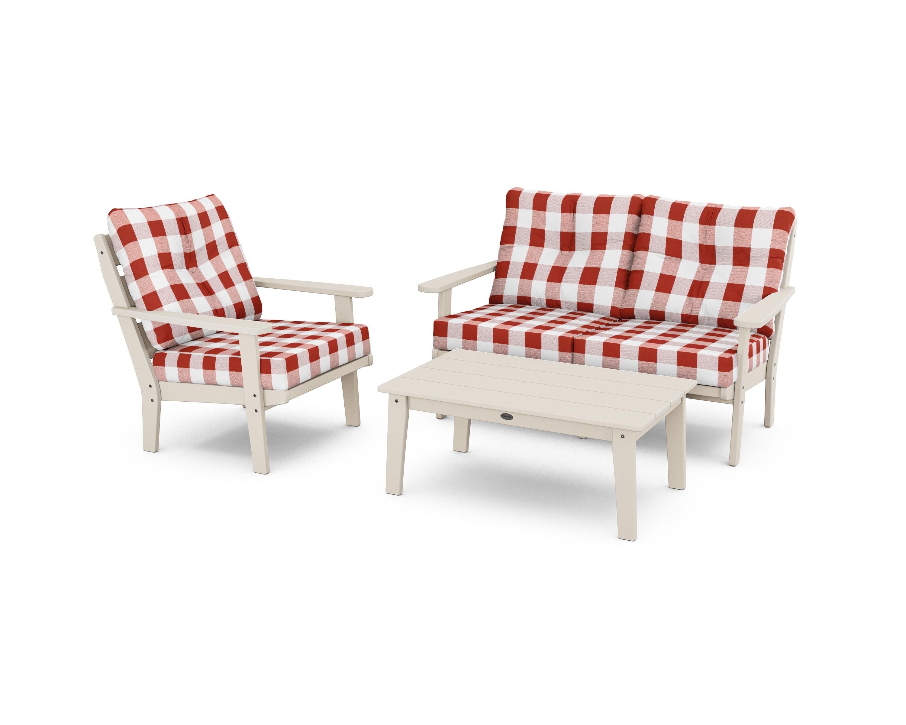 POLYWOOD® Lakeside 3-Piece Deep Seating Set in Sand / Buffalo Plaid Crimson