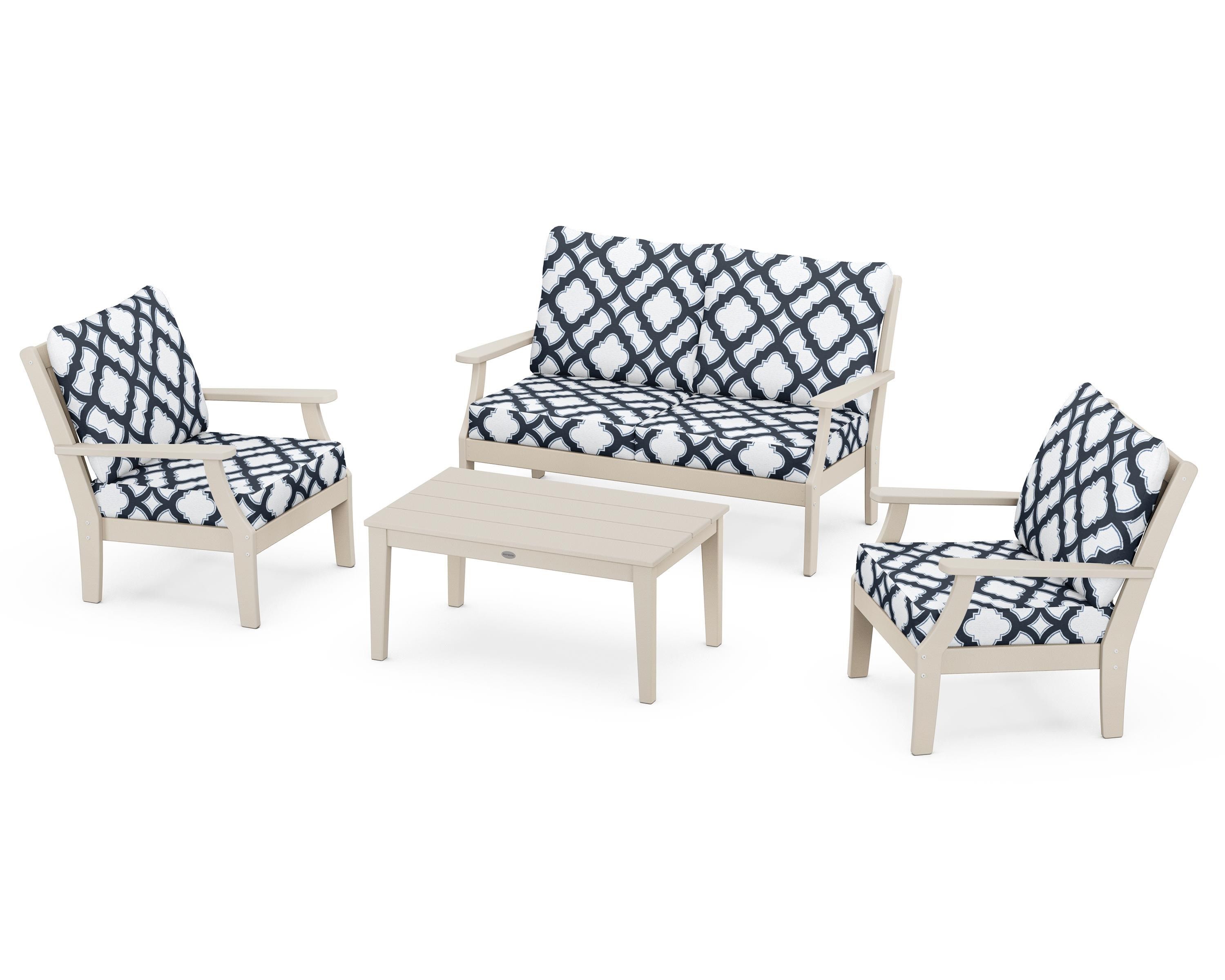 POLYWOOD® Braxton 4-Piece Deep Seating Chair Set in Sand / Trellis Marine Indigo