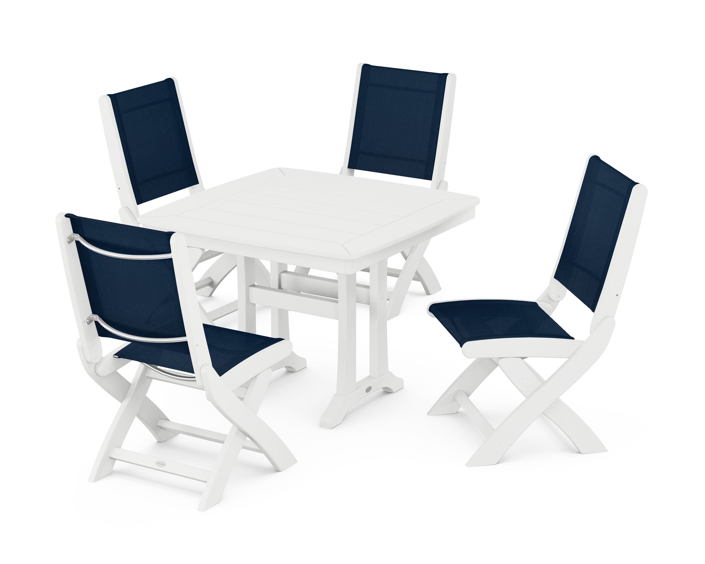 POLYWOOD® Coastal Folding Side Chair 5-Piece Dining Set with Trestle Legs in White / Navy Blue Sling