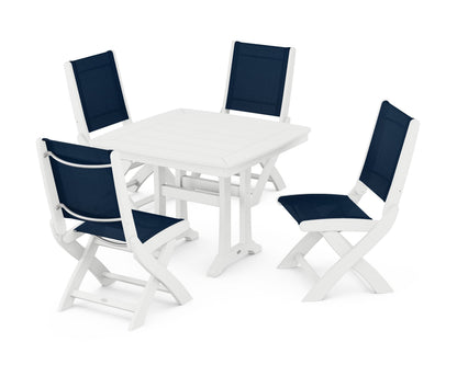 POLYWOOD® Coastal Folding Side Chair 5-Piece Dining Set with Trestle Legs in White / Navy Blue Sling