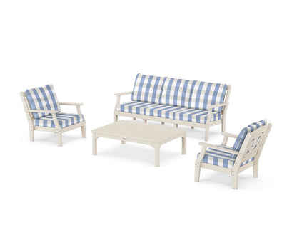 Martha Stewart by POLYWOOD® Chinoiserie 4-Piece Deep Seating Set with Sofa in Sand / Buffalo Plaid Sky Blue