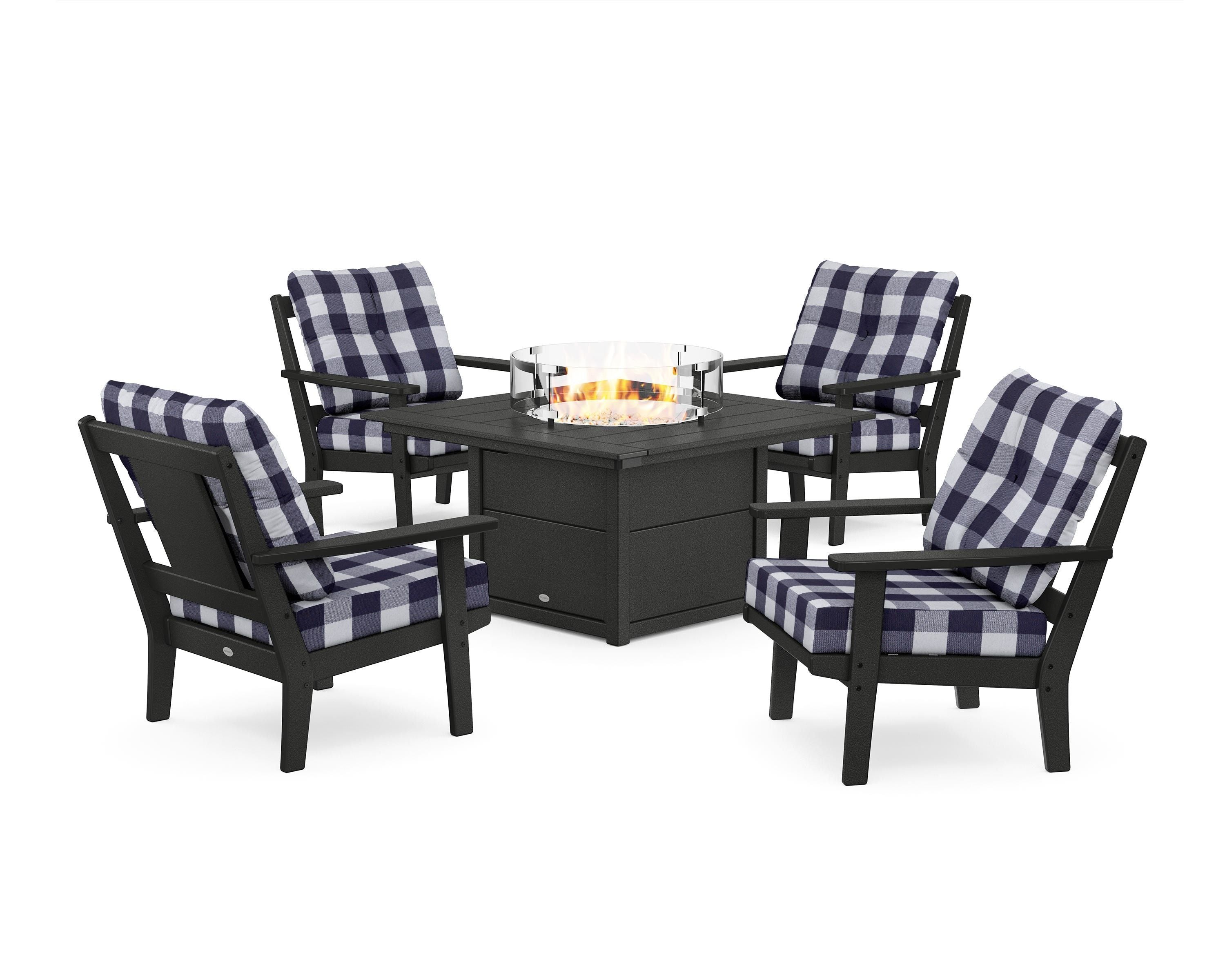 POLYWOOD® Prairie 5-Piece Deep Seating Set with Fire Pit Table in Black / Buffalo Plaid Navy