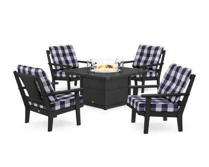 POLYWOOD® Prairie 5-Piece Deep Seating Set with Fire Pit Table in Black / Buffalo Plaid Navy