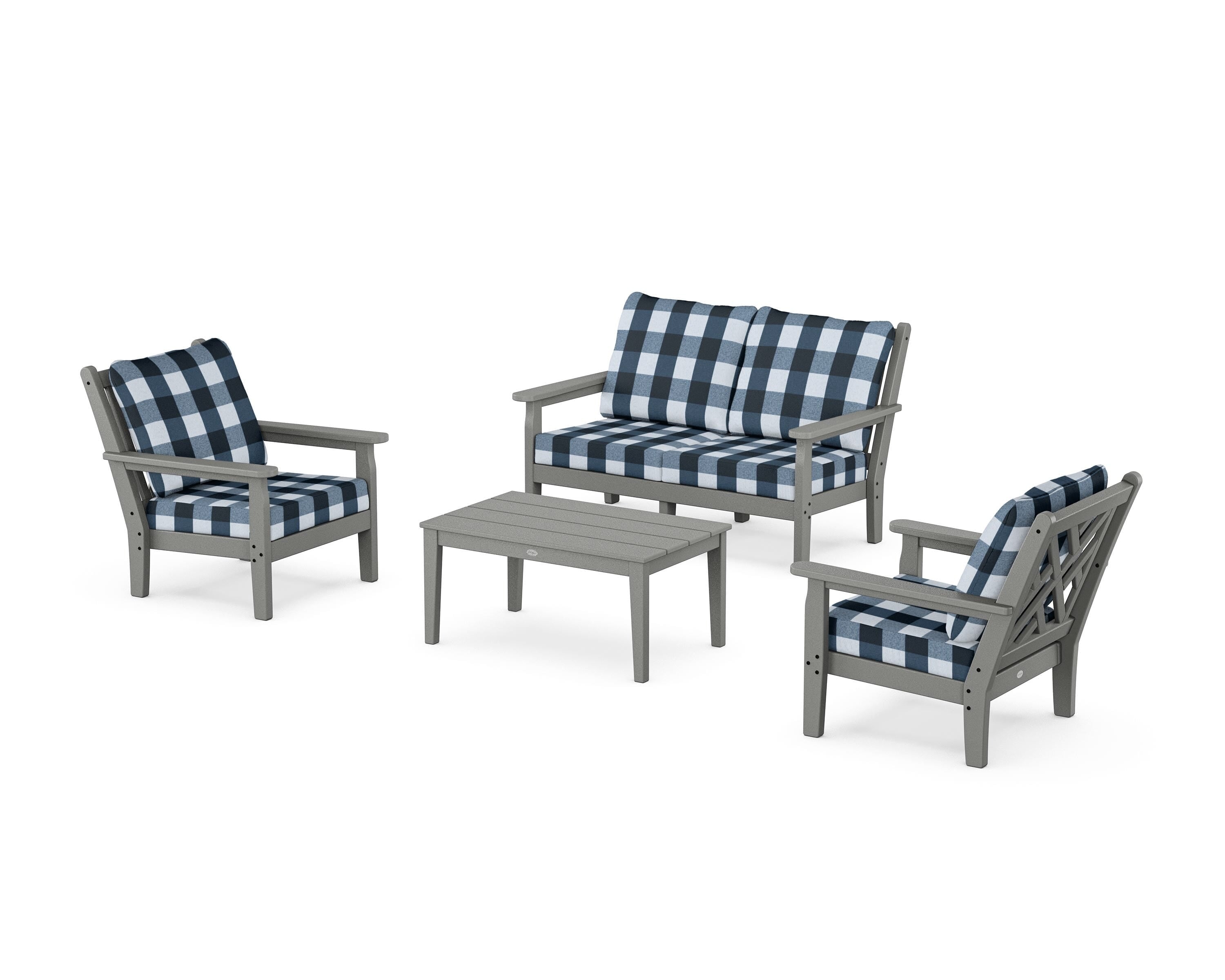 POLYWOOD® Chippendale 4-Piece Deep Seating Set with Loveseat in Slate Grey / Buffalo Plaid Marine Indigo