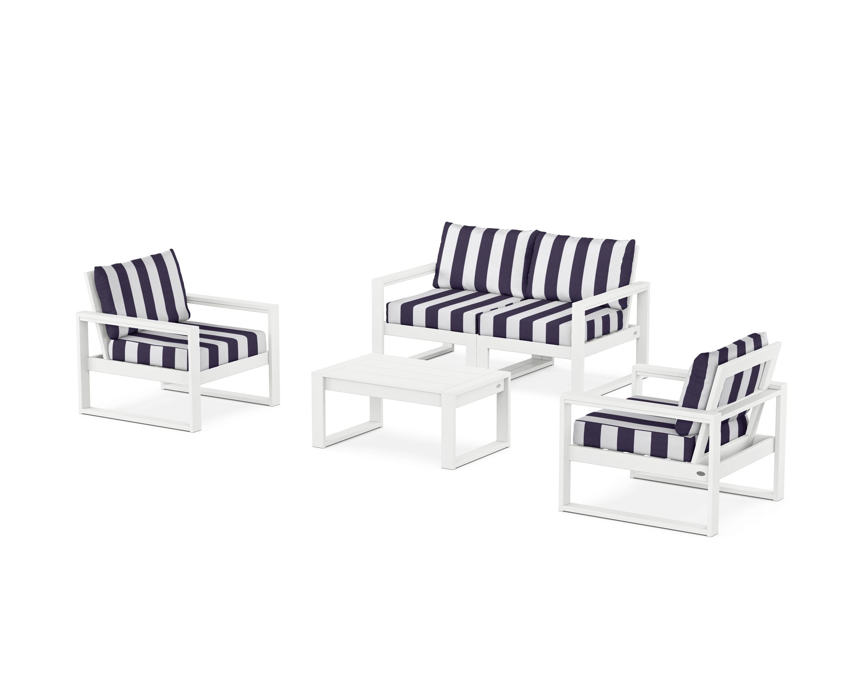 POLYWOOD® EDGE Sectional 4-Piece Deep Seating Set with Loveseat in White / Cabana Stripe Navy