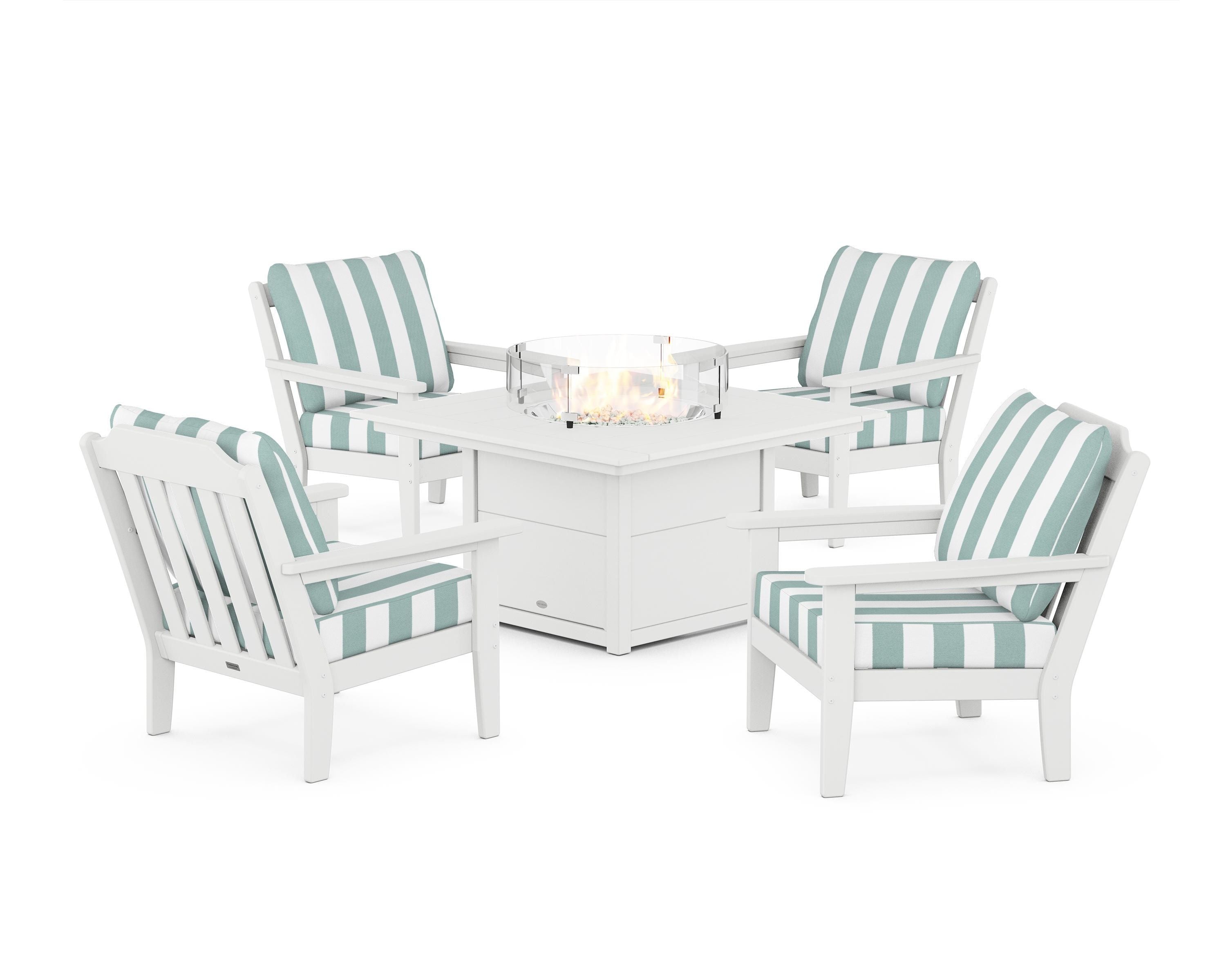 Country Living Cottage 5-Piece Deep Seating Set with Fire Pit Table in White / Cabana Stripe Glacier Spa