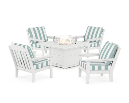 Country Living Cottage 5-Piece Deep Seating Set with Fire Pit Table in White / Cabana Stripe Glacier Spa