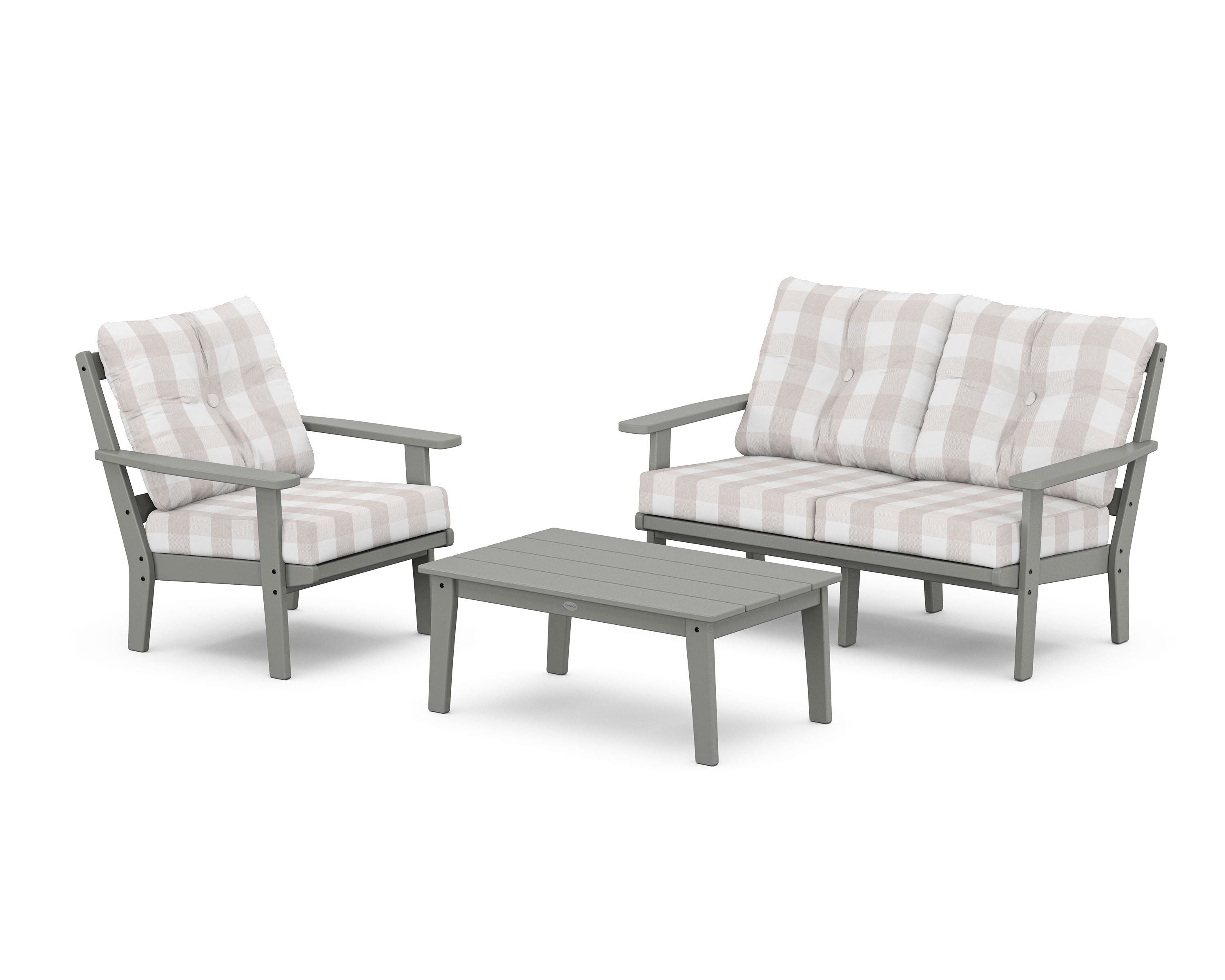 POLYWOOD® Oxford 3-Piece Deep Seating Set with Loveseat in Slate Grey / Buffalo Plaid Dune Burlap