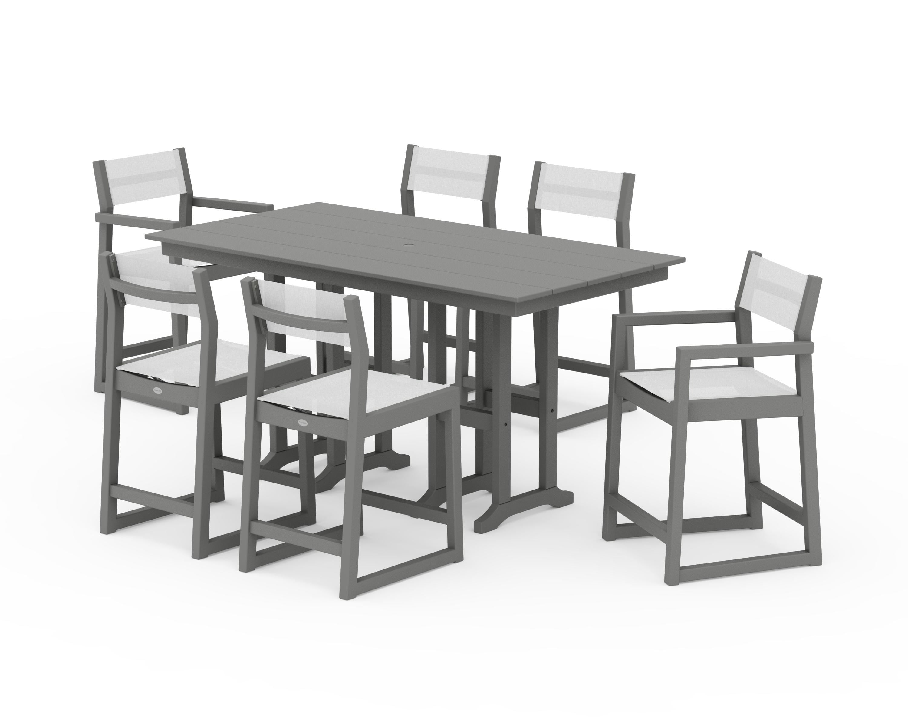 POLYWOOD® EDGE Sling 7-Piece Farmhouse Counter Set with Trestle Legs in Slate Grey / White Sling