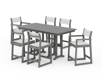 POLYWOOD® EDGE Sling 7-Piece Farmhouse Counter Set with Trestle Legs in Slate Grey / White Sling