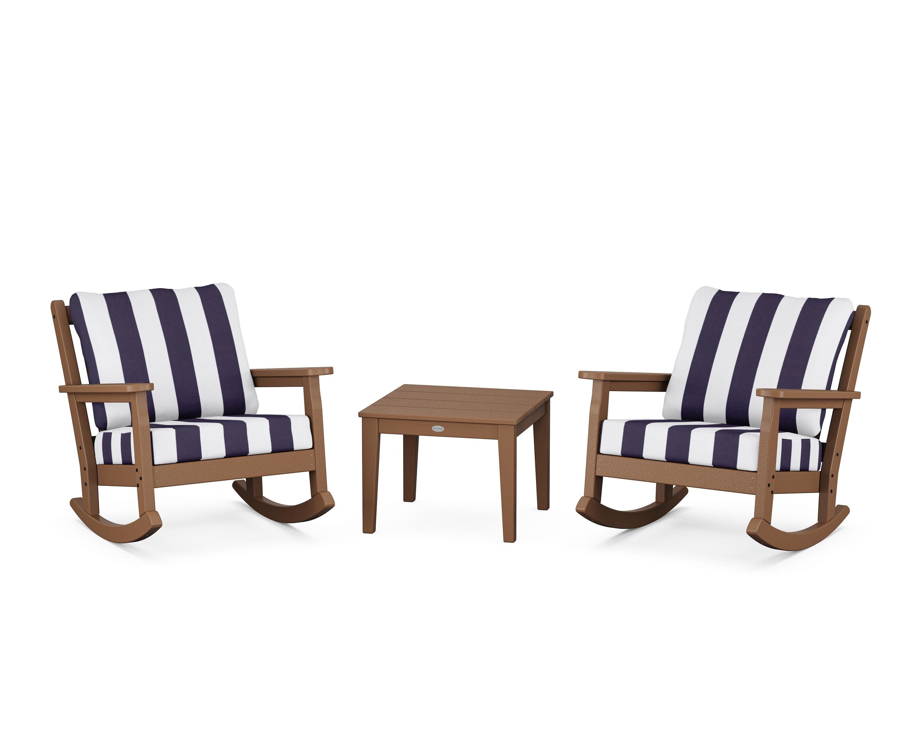 POLYWOOD® Chippendale 3-Piece Deep Seating Rocker Set in Teak / Cabana Stripe Navy