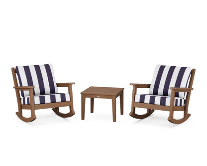 POLYWOOD® Chippendale 3-Piece Deep Seating Rocker Set in Teak / Cabana Stripe Navy