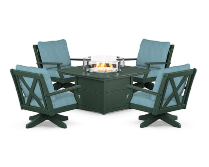 POLYWOOD® Braxton 5-Piece Deep Seating Swivel Conversation Set with Fire Pit Table in Green / Lattice Sky Blue